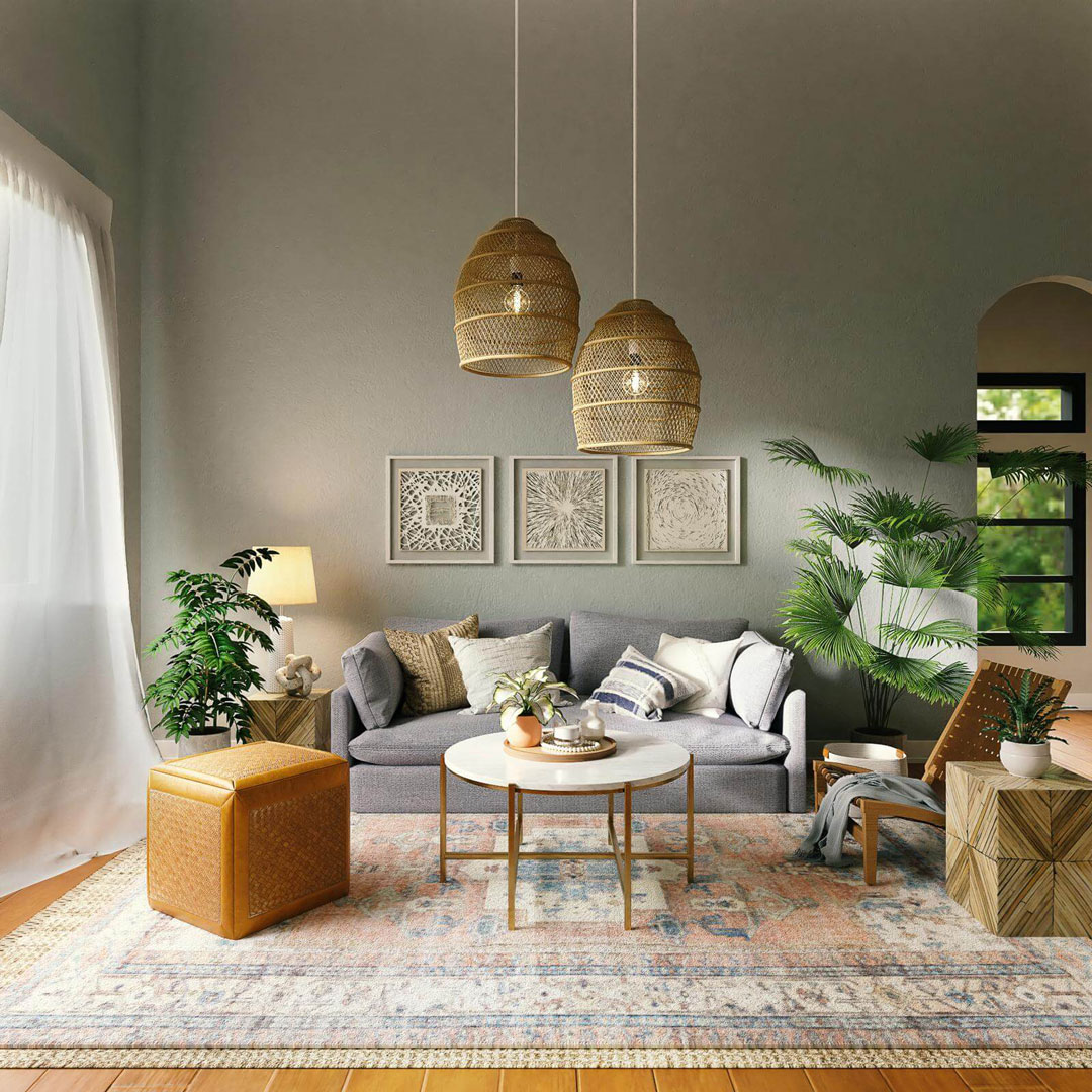 living room with brown wooden table and chairs